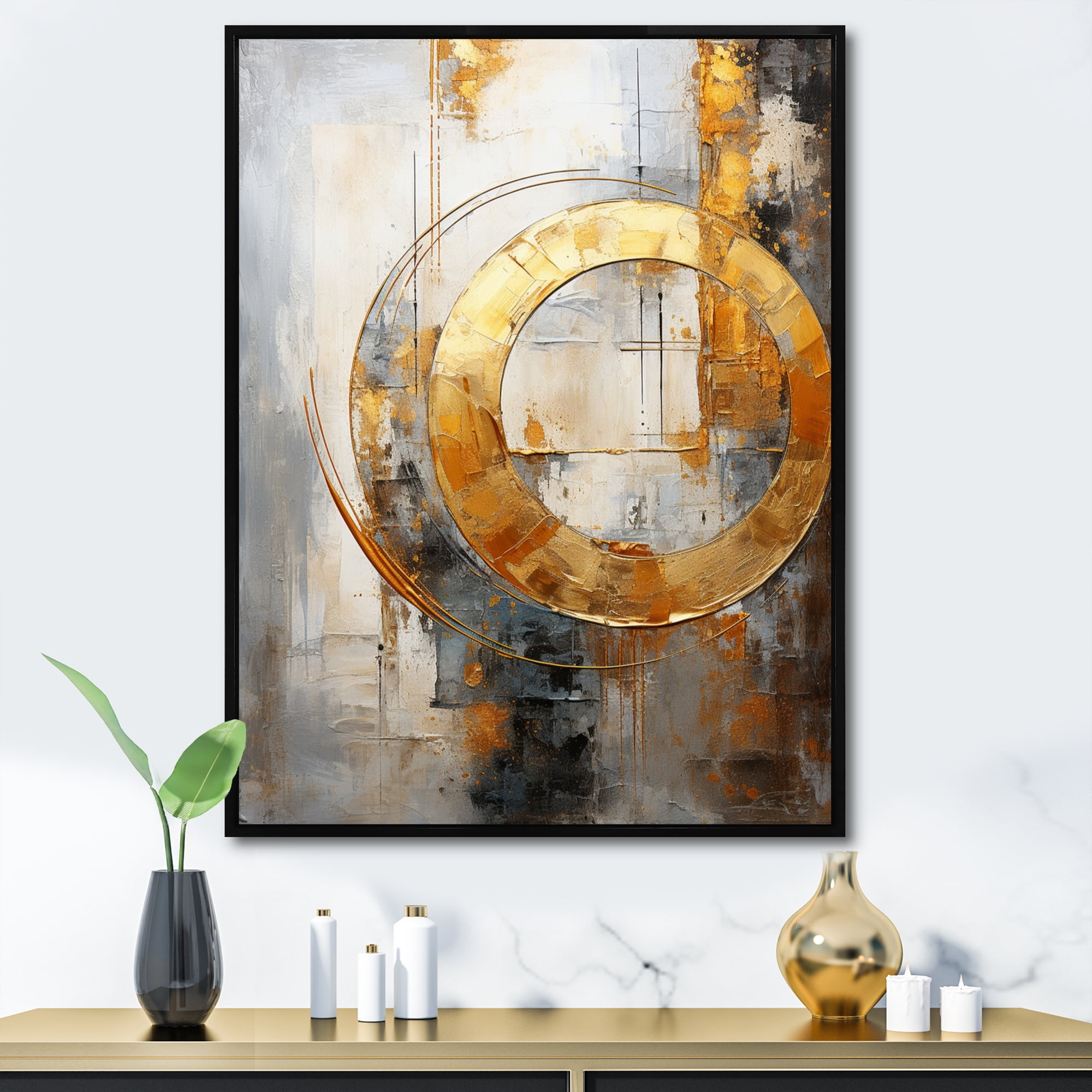 Designart "Gleaming Geometry Gold Grey painting IX" Abstract Collages