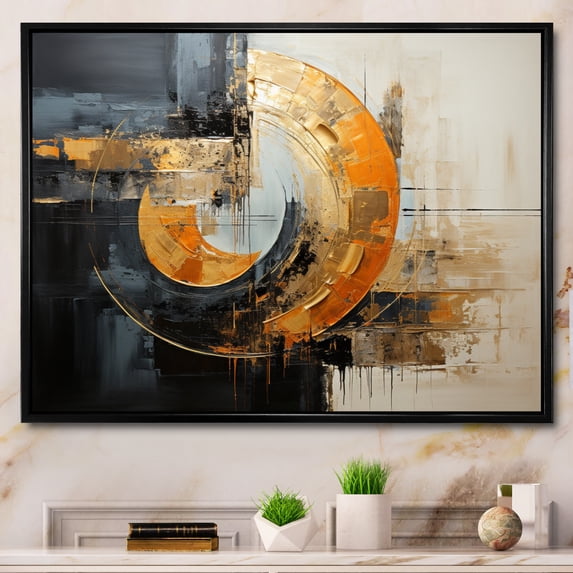 Designart "Gleaming Geometry Gold Grey painting VII" Abstract Collages Floater Framed Canvas Wall Art