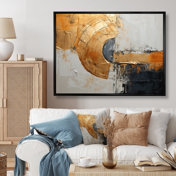 Designart "Gleaming Geometry Gold Grey painting VIII" Abstract Collages Floater Framed Canvas Print