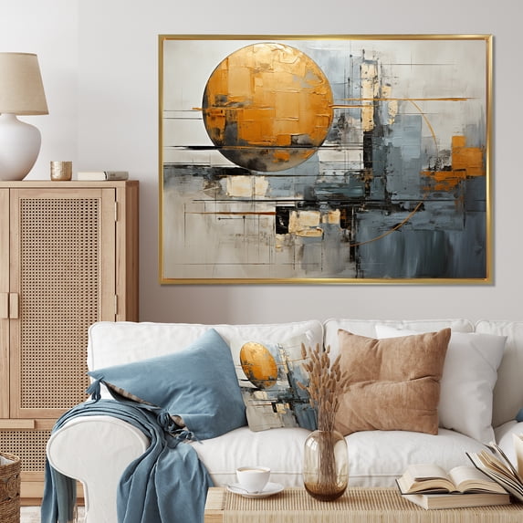 Designart "Gleaming Geometry Gold Grey painting XI" Abstract Collages Floater Framed Canvas Art Print