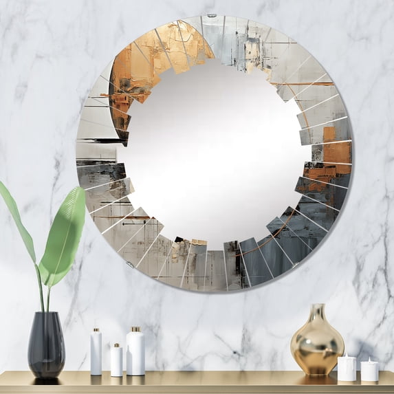 Designart "Gleaming Geometry Gold Grey painting XI" Abstract Collages Round Wall Mirror - Modern Oval Printed Decorative Oversized Mirror - Multiple Color Options