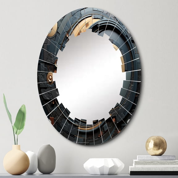 Designart "Gleaming Geometry Gold Grey painting XVI" Abstract Collages Round Wall Mirror - Modern Oval Printed Decorative Oversized Mirror - Multiple Color Options