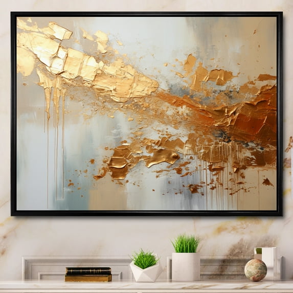 Designart "Gleaming Gold II" Abstract Collages Floater Framed Canvas Art Print