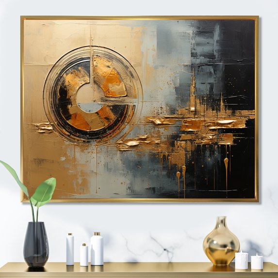 Designart "Gleaming Gold IV" Abstract Collages Floater Framed Wall Art Living Room