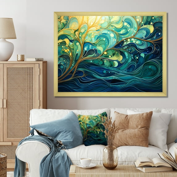 Designart "Gleaming Ink in Green and Yellow II" Abstract Framed Wall Art Decor - Modern Green Abstract Collages Bedroom Framed Canvas Wall Art