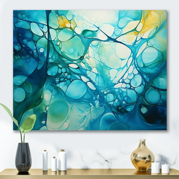 Designart "Gleaming Ink in Green and Yellow III" Extra Large Abstract Wall Art - Modern Blue Abstract Collages Entryway Wall Art Print