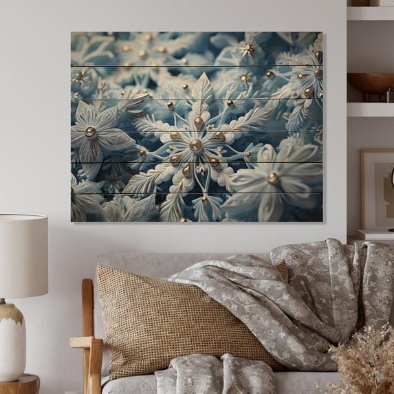 Designart "Glimmering Snowflakes in Winter I" Abstract Print on Natural Pine Wood