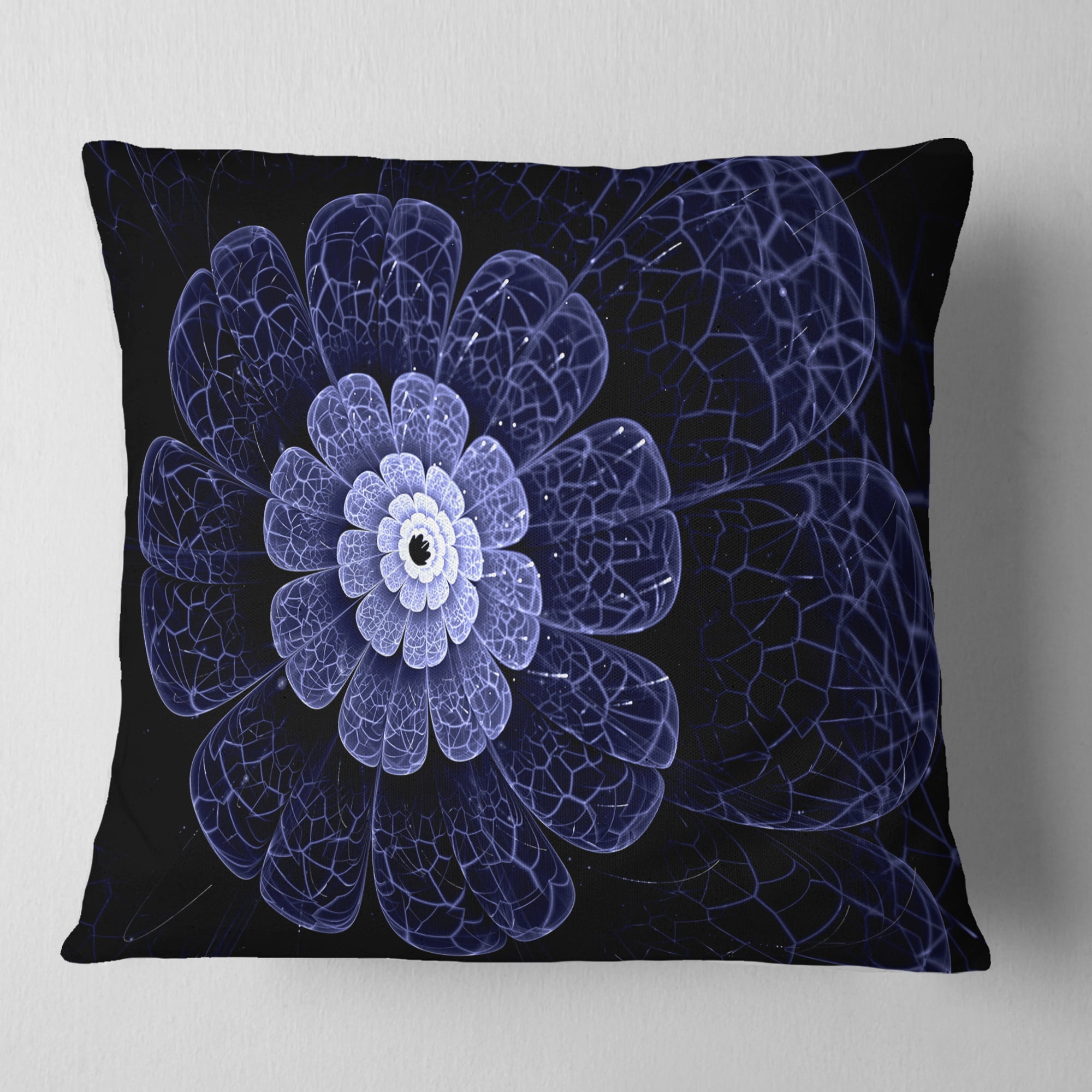 Designart Glittering Bright Blue Fractal Flower - Floral Throw Pillow - 16x16