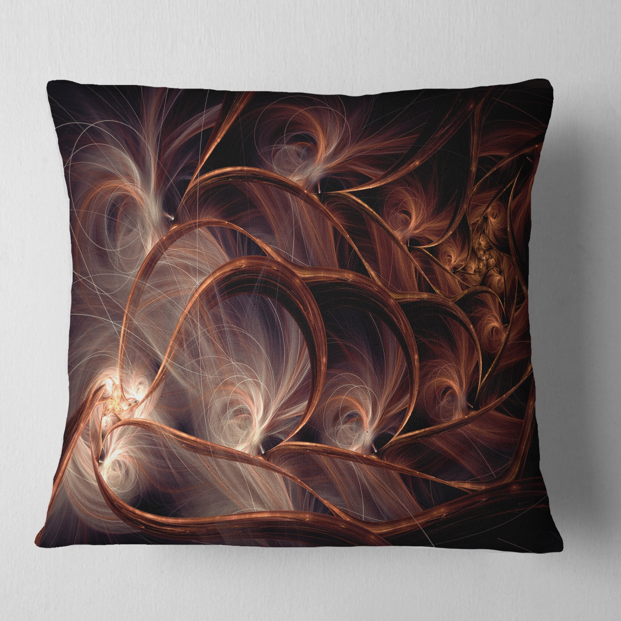 Designart Glittering Brown Fractal Flower on Black - Floral Throw Pillow - 16x16