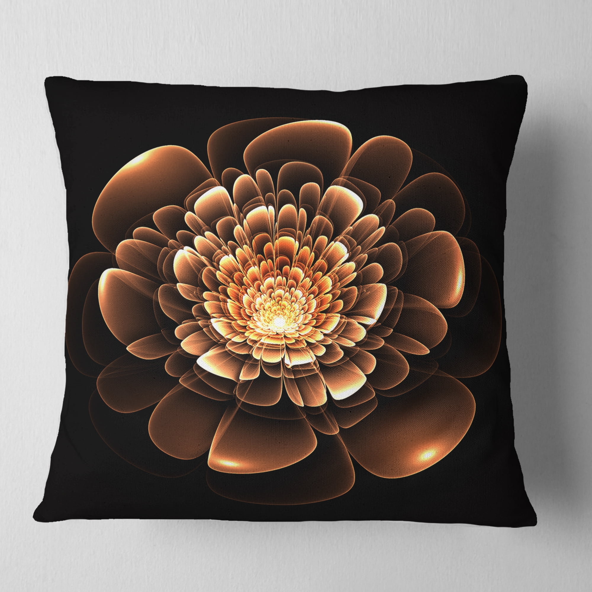 Designart Glittering Brown Yellow Fractal Flower - Floral Throw Pillow - 16x16