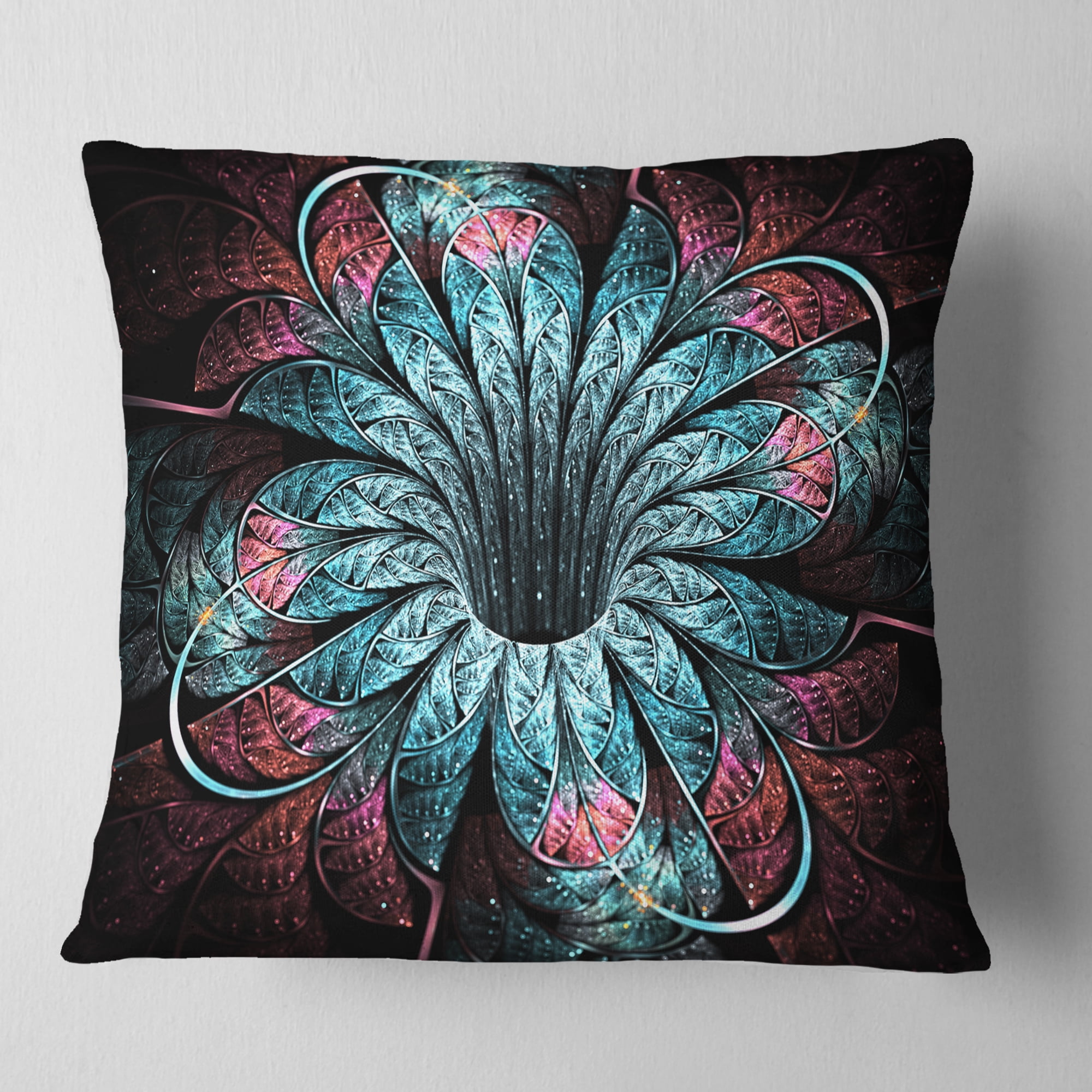 Designart Glittering Dark Fractal Flower Digital Art - Floral Throw Pillow - 16x16