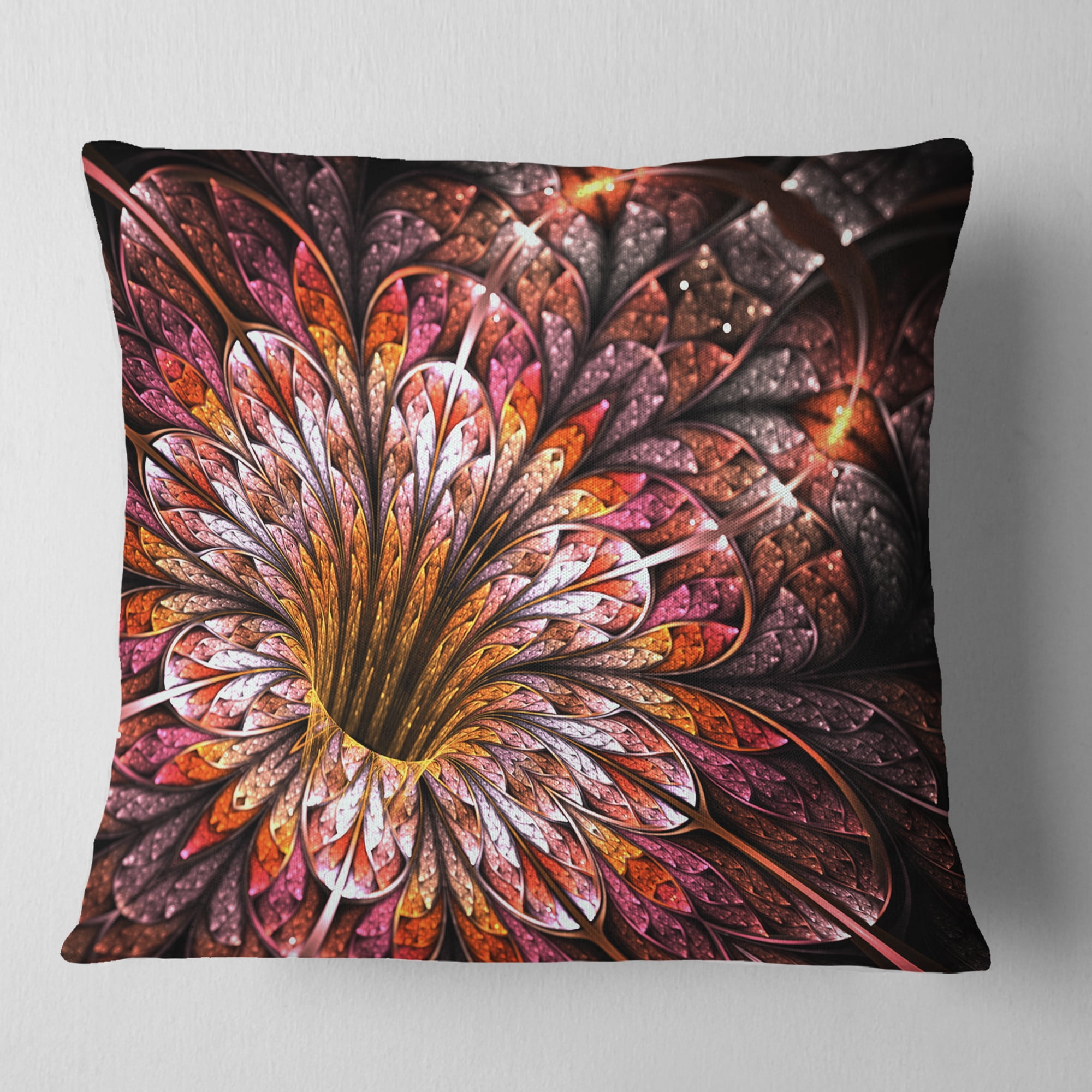 Designart Glittering Light Red Fractal Flower - Floral Throw Pillow - 16x16