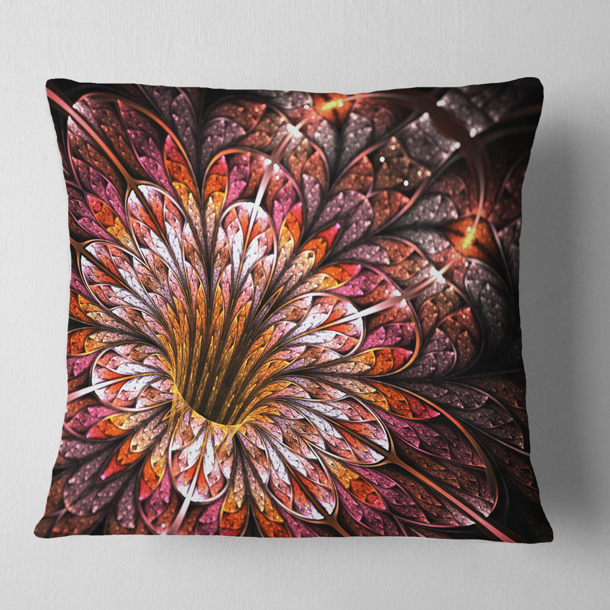 Designart Glittering Light Red Fractal Flower - Floral Throw Pillow - 18x18