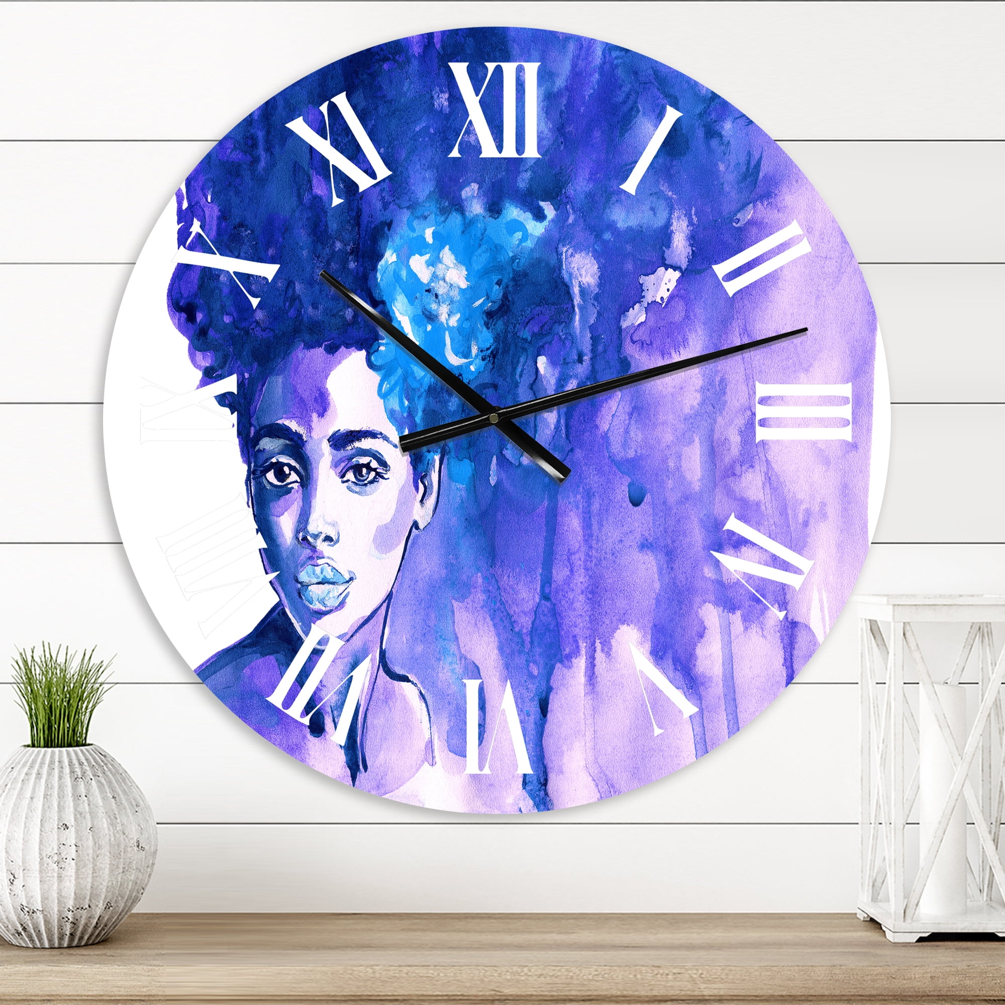 Designart 'Glorious Blue Portrait Of African American Woman' Modern Wall Clock