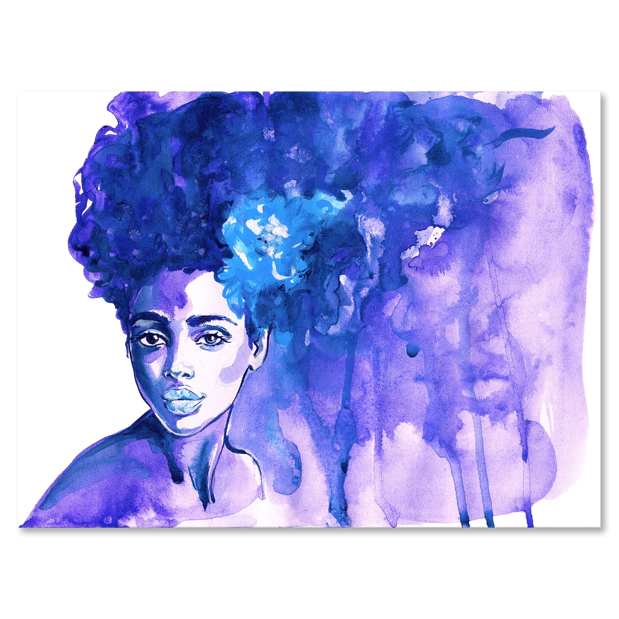 Designart ' Glorious Blue Portrait of Afro American Woman ' Modern Canvas Wall Art Print