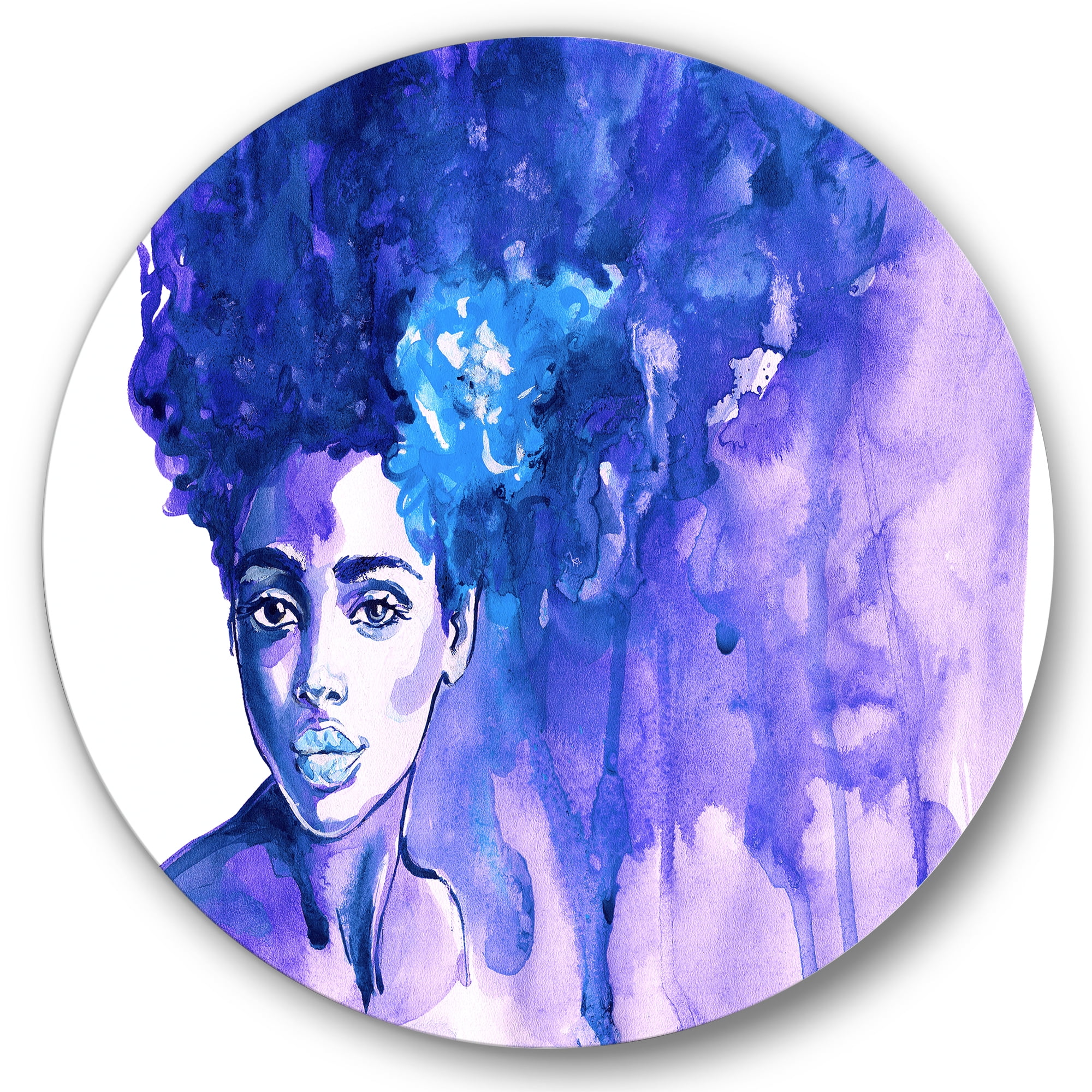 Designart 'Glorious Blue Portrait of Afro American Woman' Modern Circle Metal Wall Art 11x11 - Disc of 11