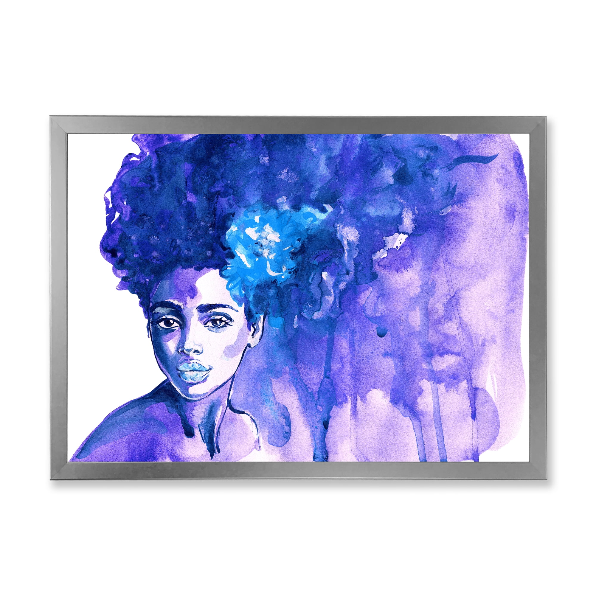 Designart 'Glorious Blue Portrait of Afro American Woman' Modern Framed Art Print