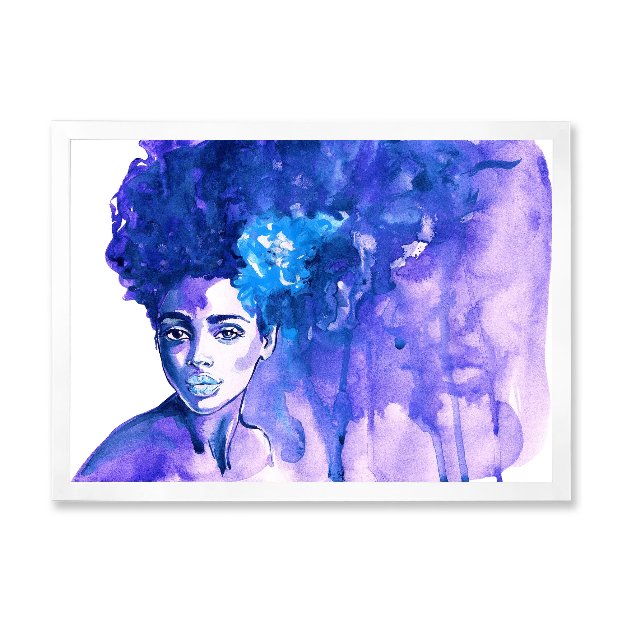 Designart 'Glorious Blue Portrait of Afro American Woman' Modern Framed Art Print