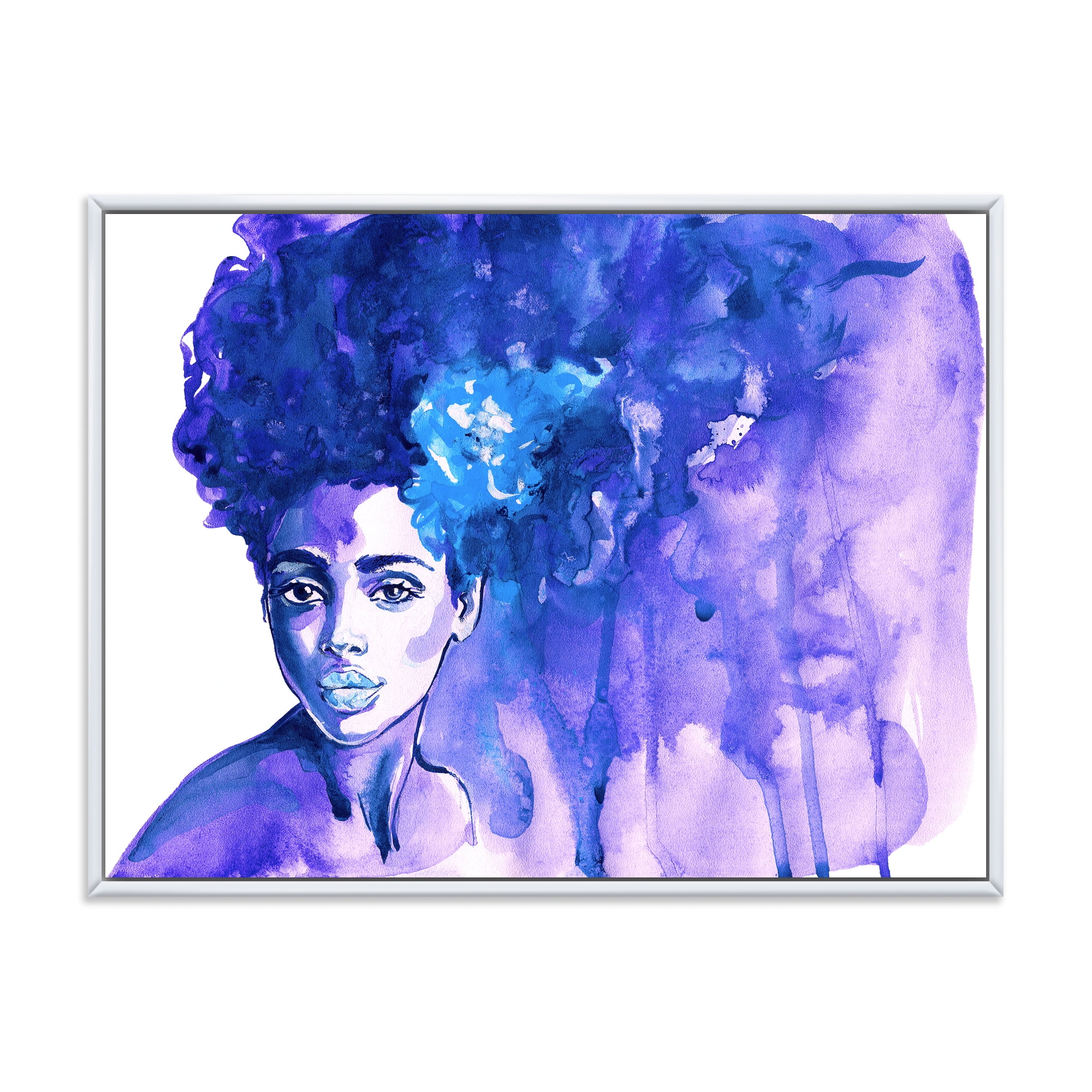 Designart 'Glorious Blue Portrait of Afro American Woman' Modern Framed Canvas Wall Art Print