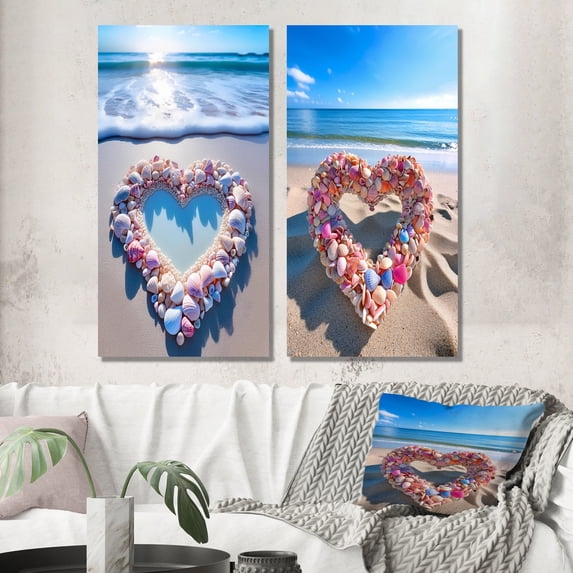 Designart "Glorious Pink Heart Amidst Tropical Beach II" Beach Wall Art Set Of 2 - Coastal Pink Wall Decor Set Of 2