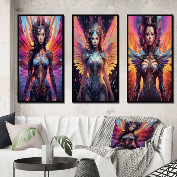 Designart "Glorious Radiance of Angelic Goddess III" Fashion Woman Framed Wall Art Set Of 3 - Multicolor Glam Frame Gallery Wall Set For Home Decor