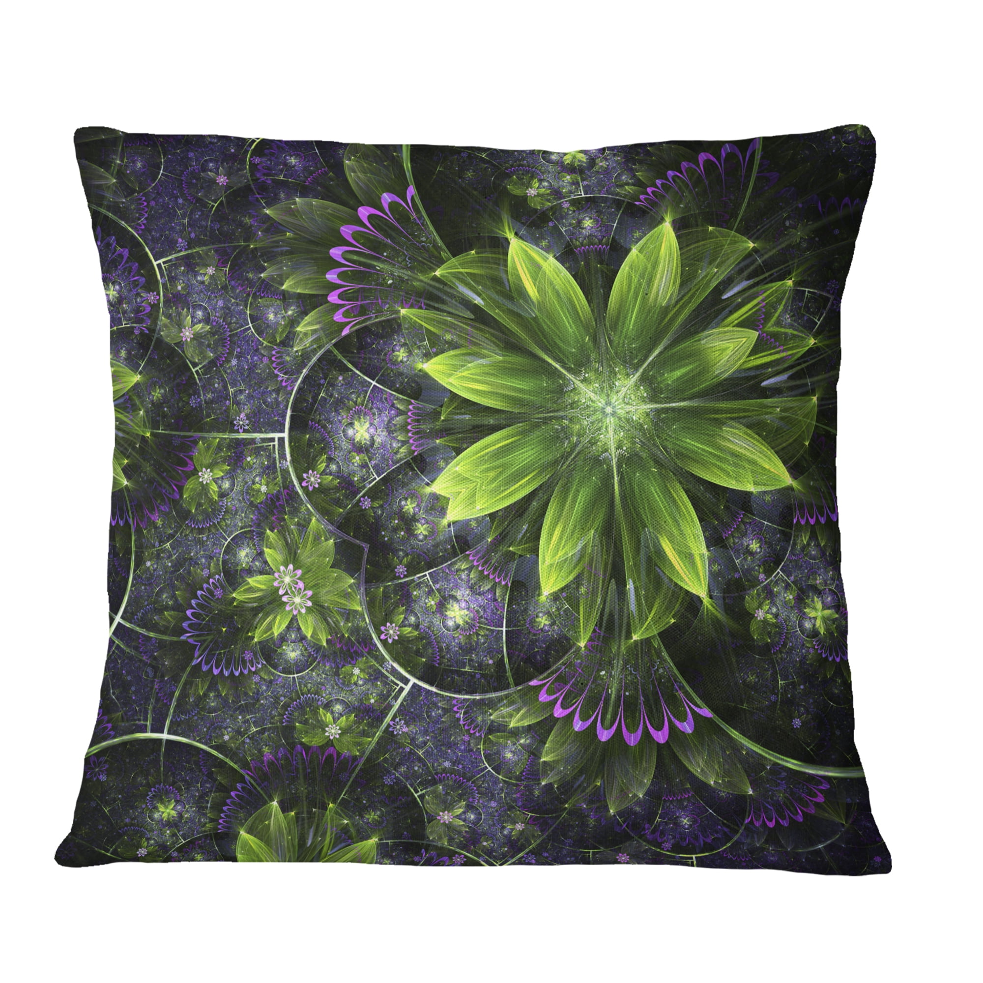 Designart Glossy Green Purple Fractal Flowers - Floral Throw Pillow - 18x18