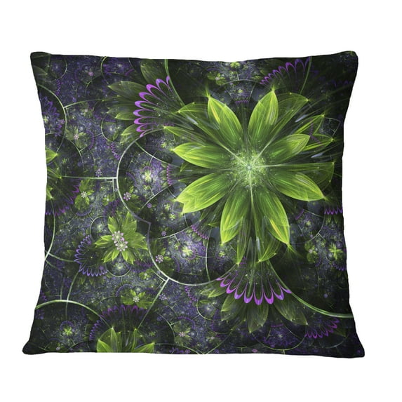 Designart Glossy Green Purple Fractal Flowers - Floral Throw Pillow - 18x18