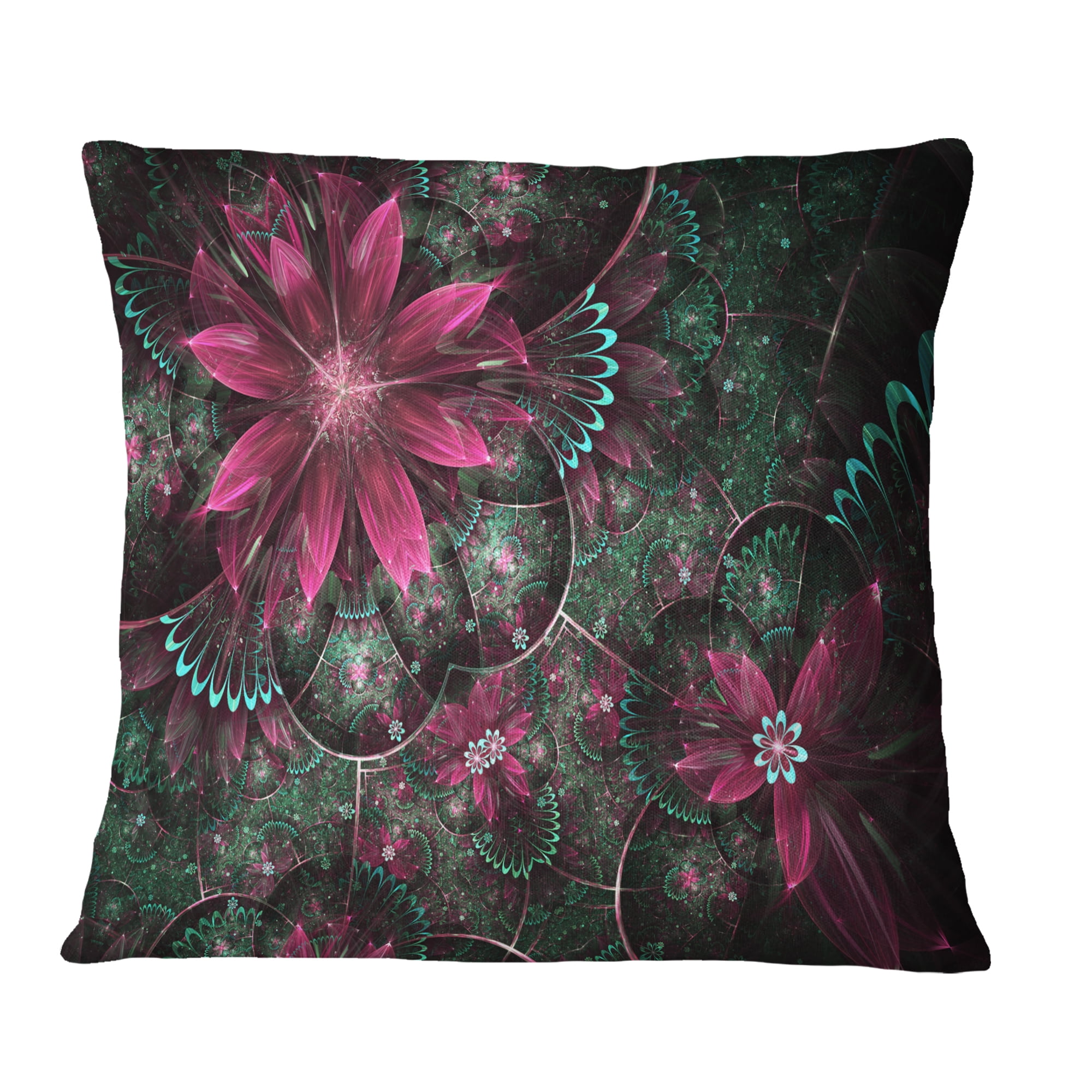 Designart Glossy Green and Red Fractal Flowers - Floral Throw Pillow - 18x18