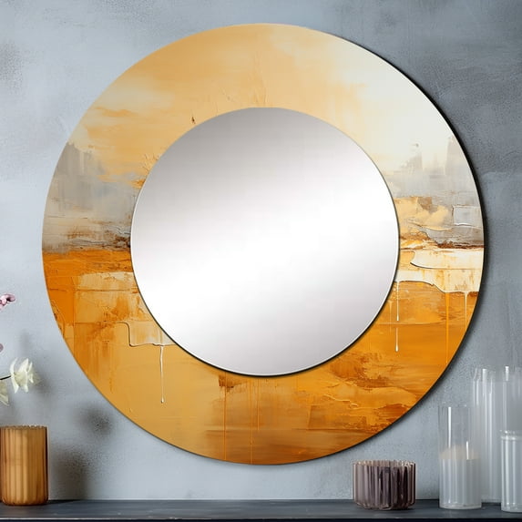 Designart "Glowing Amber I" Abstract Landscape Yellow Large Round Mirror - Round Mirror Wall Décor - Modern Round Printed Mirror 36" x 36" Inch