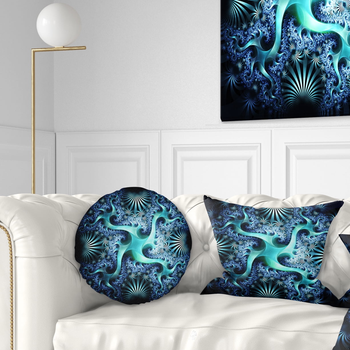 Designart Glowing Blue Fractal Flower Design - Abstract Throw Pillow - 12x20