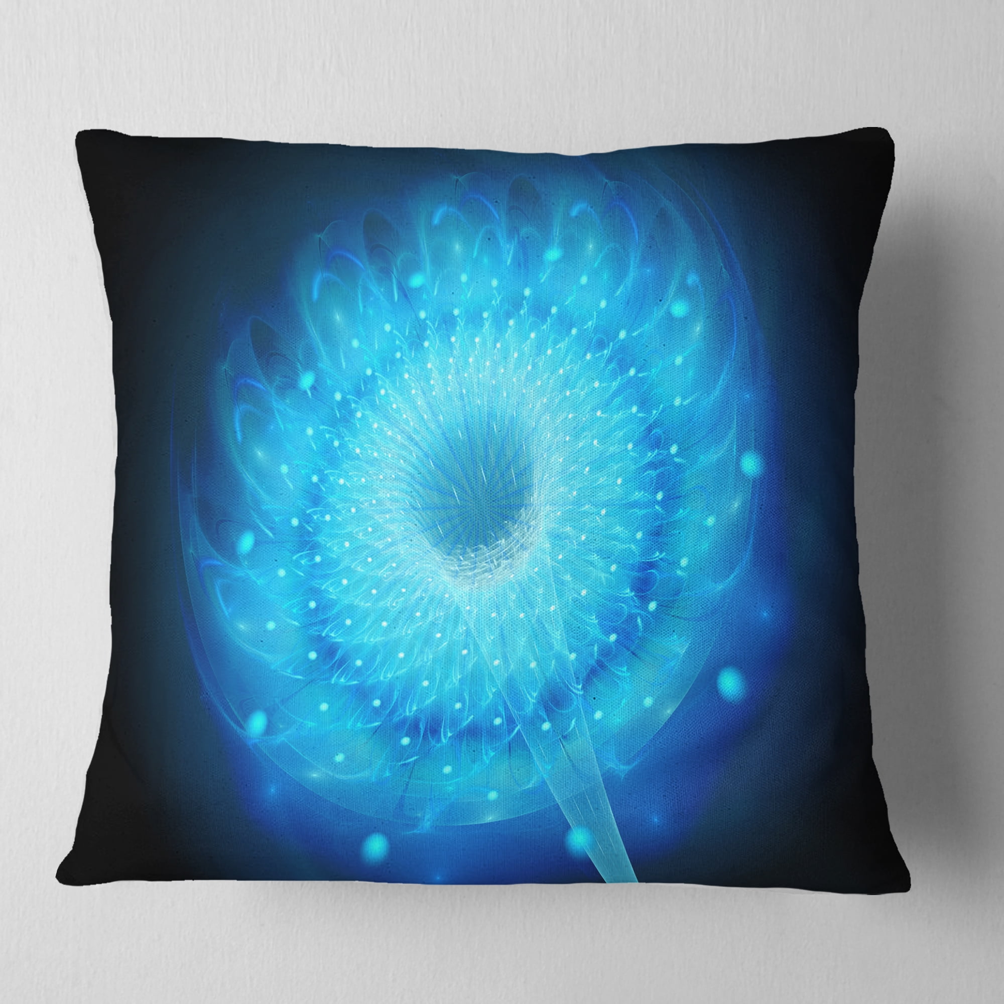 Designart Glowing Blue Fractal Flower on Black - Floral Throw Pillow - 18x18
