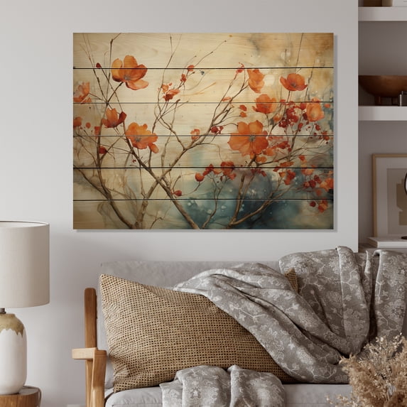 Designart "Glowing Embers Maple Trees wall art II" Floral Print on Natural Pine Wood