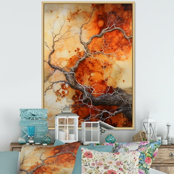 Designart "Glowing Embers Orange and Brown Maple Tree" Floral & Botanical Floater Framed Wall Art Print