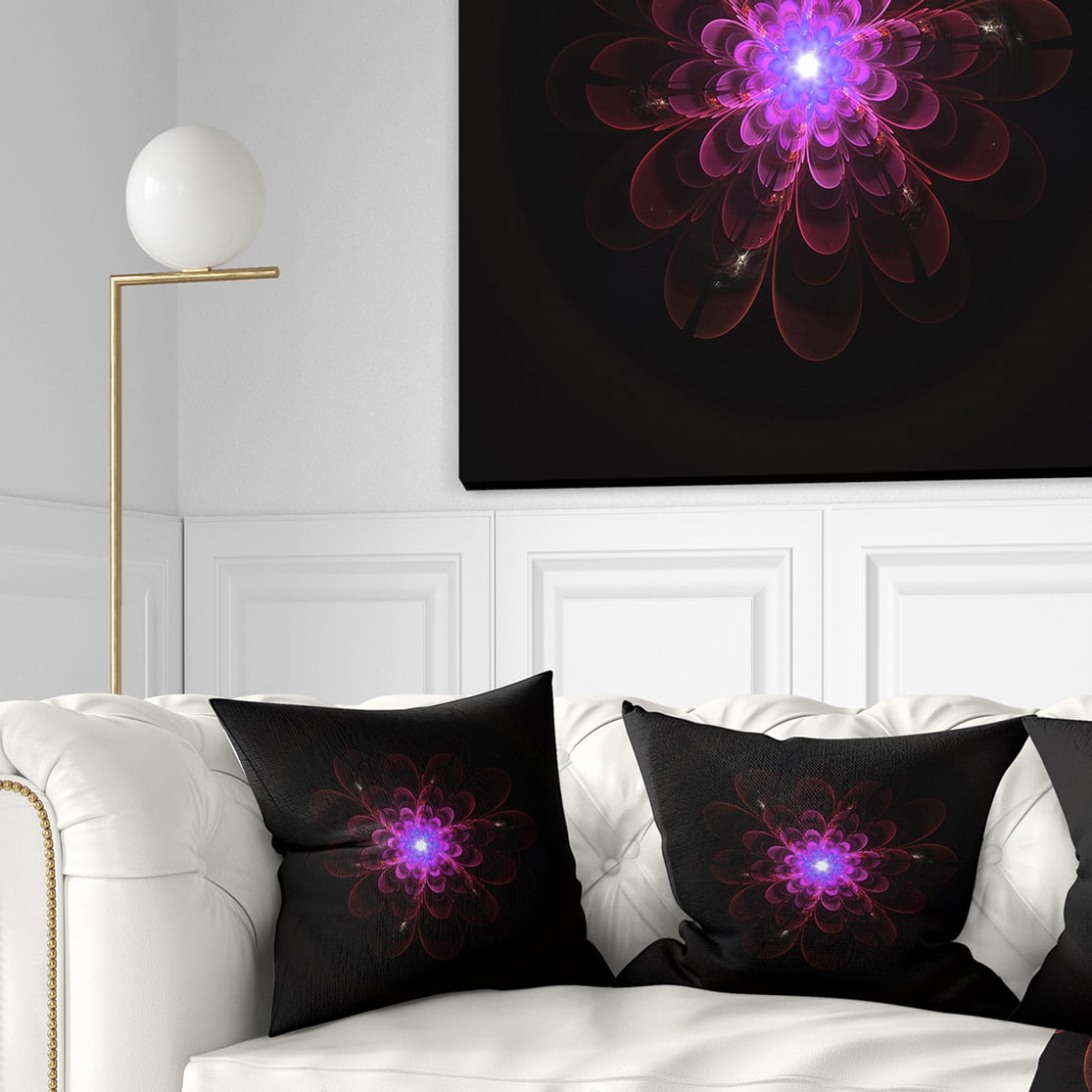 Designart Glowing Fractal Flower Pink on Black - Floral Throw Pillow - 16x16