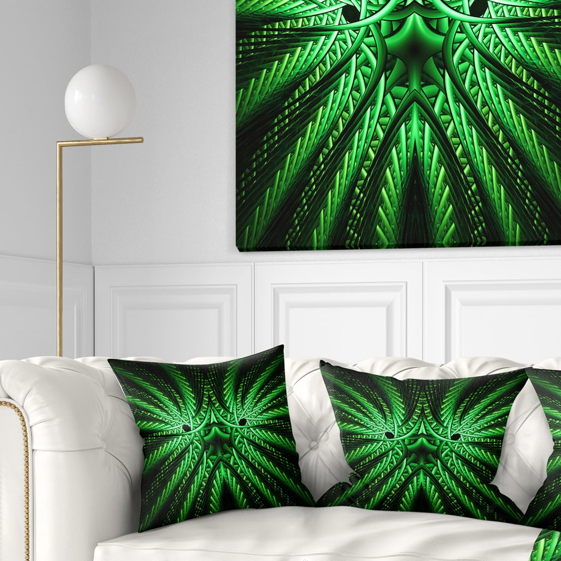 Designart Glowing Green Fractal Flower in Black - Abstract Throw Pillow - 16x16