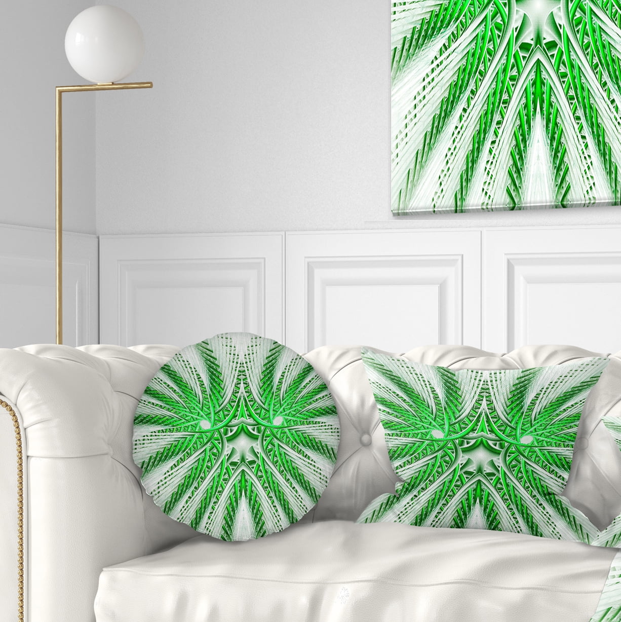 Designart Glowing Green Fractal Flower in White - Abstract Throw Pillow - 12x20