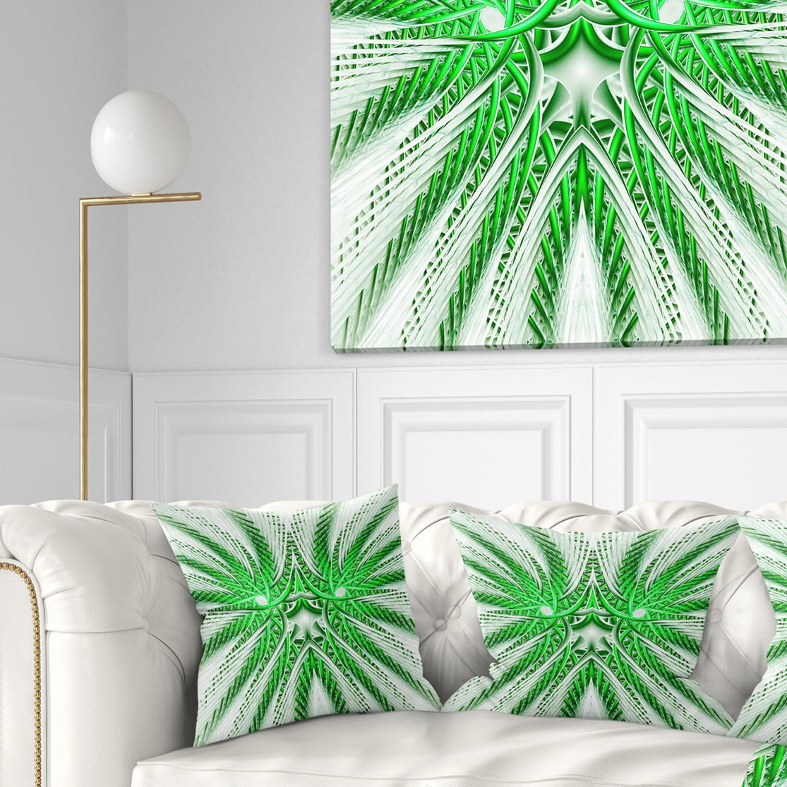 Designart Glowing Green Fractal Flower in White - Abstract Throw Pillow - 16x16