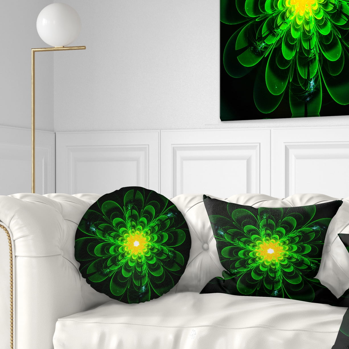 Designart Glowing Green Fractal Flower on Black - Floral Throw Pillow - 12x20