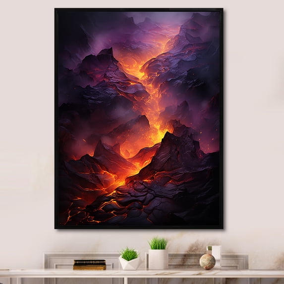 Designart "Glowing Heart Of The Volcano" Volcano Floater Framed Wall Art Living Room