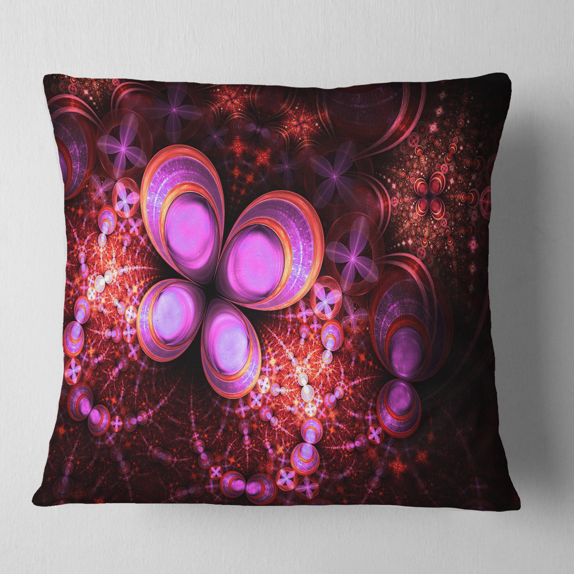 Designart Glowing Purple Pink Fractal Flower - Floral Throw Pillow - 16x16