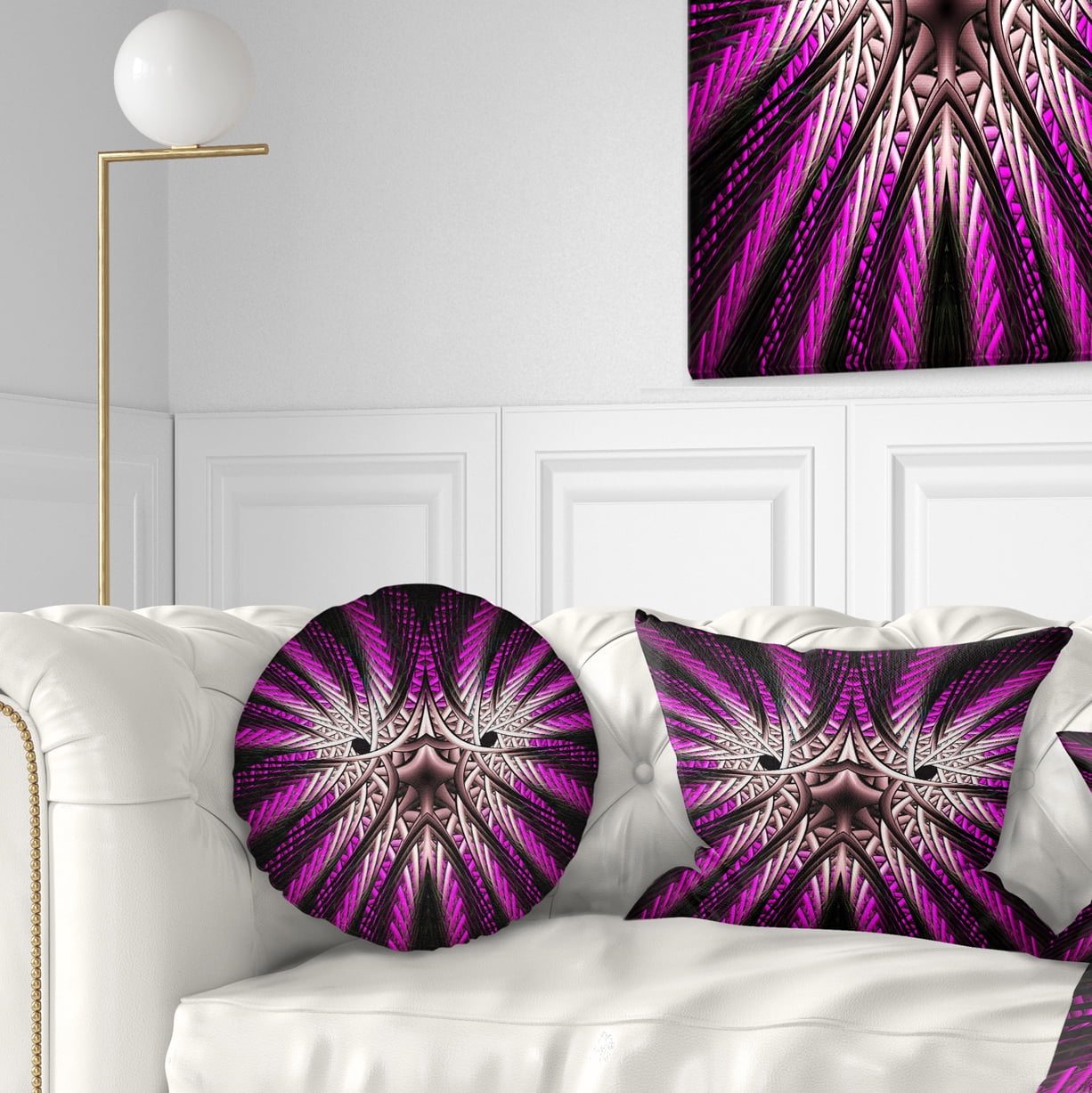 Designart Glowing Purple White Fractal Flower - Abstract Throw Pillow - 12x20