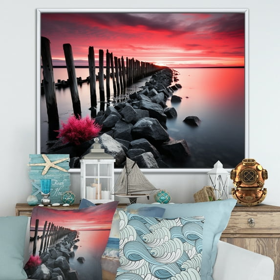 Designart "Glowing Seaside by the Coast" Nautical & Beach Floater Framed Canvas Wall Art