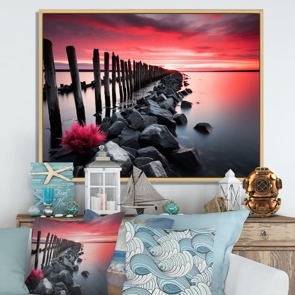Designart "Glowing Seaside by the Coast" Nautical & Beach Floater Framed Canvas Wall Art