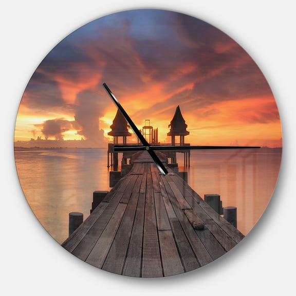Designart Glowing Sky and Long Wooden Bridge 23" x 23" Analog Round Farmhouse Wall Clock, CLM10596-C23