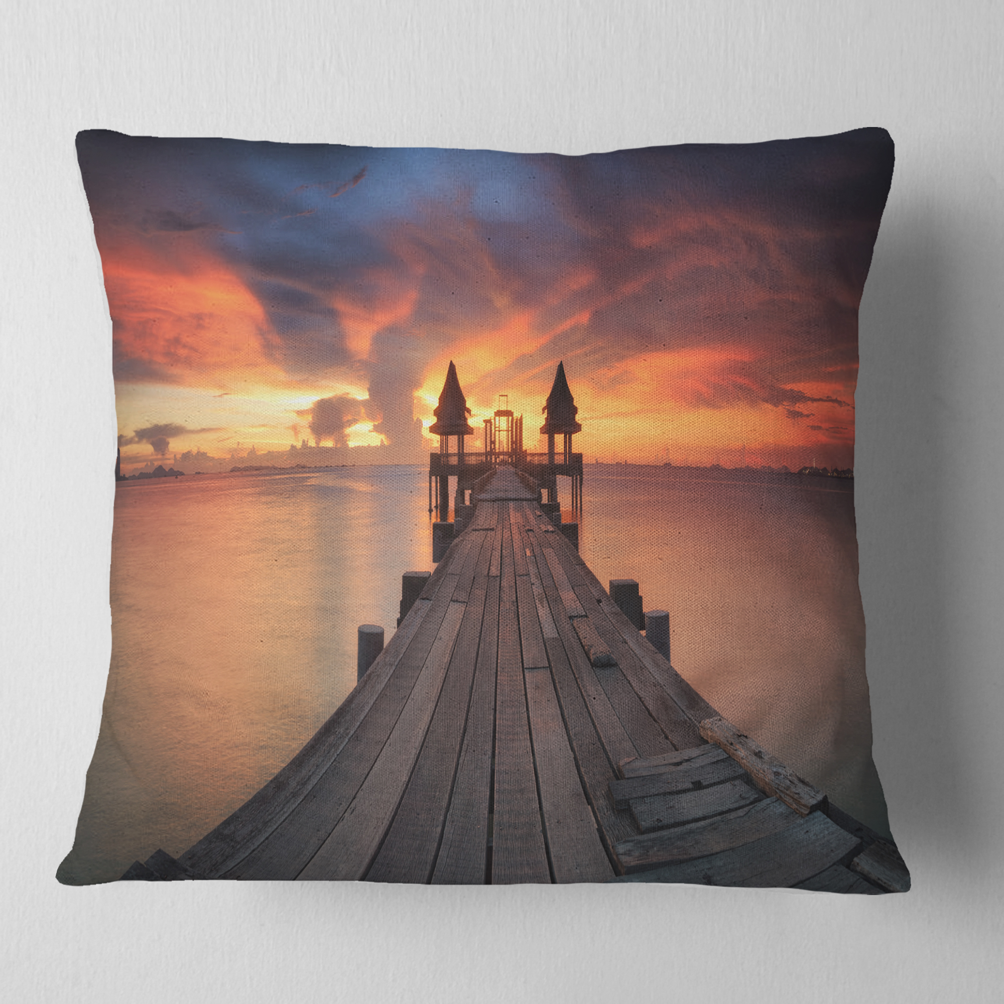 Designart Glowing Sky and Long Wooden Bridge - Pier Seascape Throw Pillow - 18x18