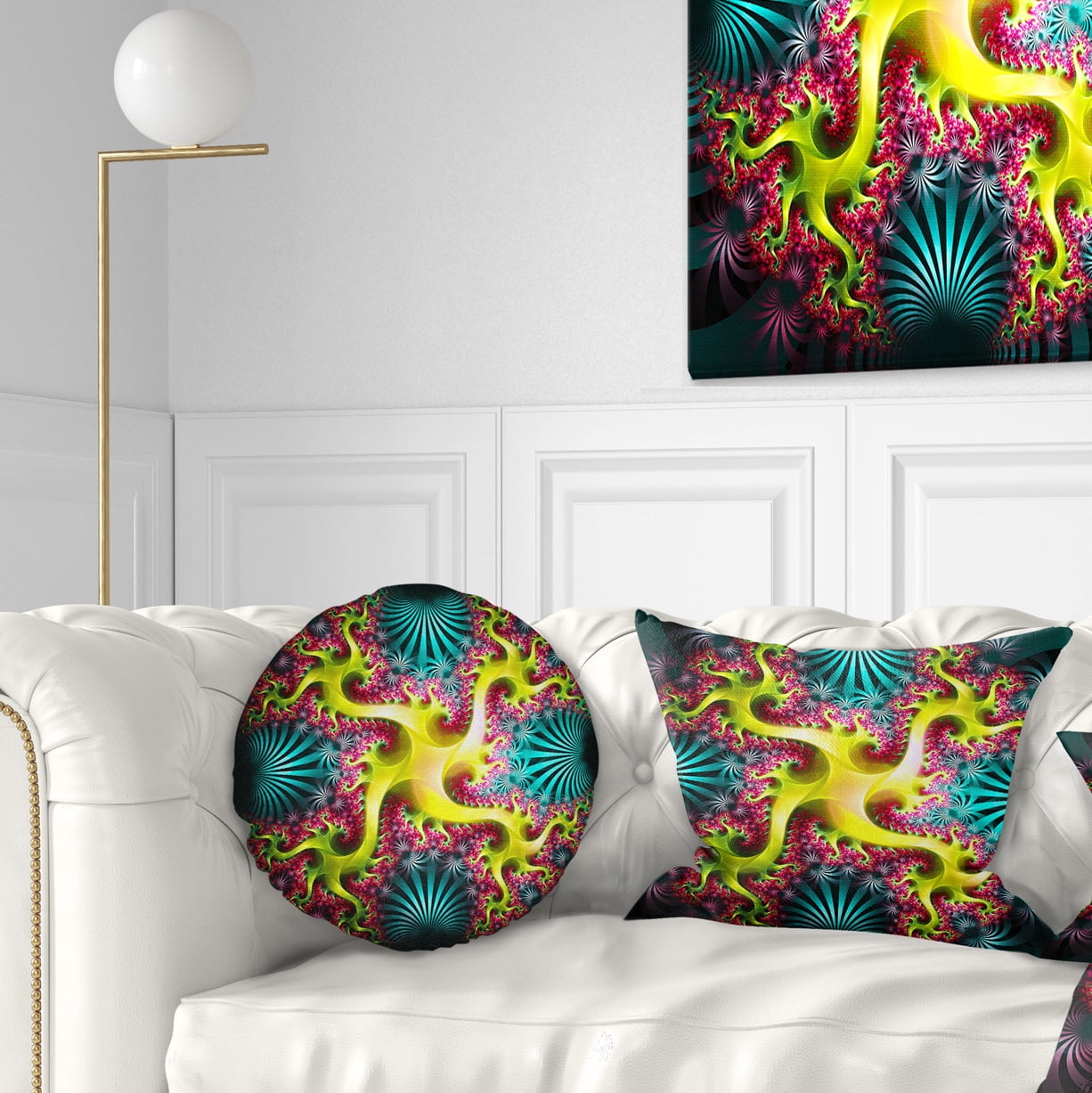 Designart Glowing Yellow Fractal Flower Design - Abstract Throw Pillow - 12x20