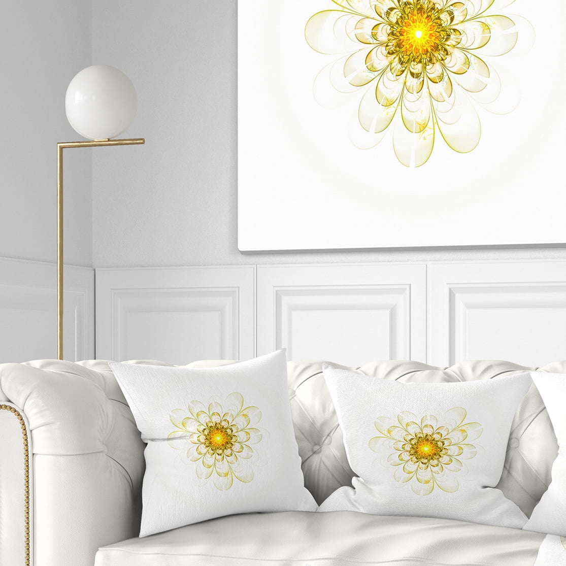 Designart Glowing Yellow Fractal Flower Digital Art - Floral Throw Pillow - 16x16