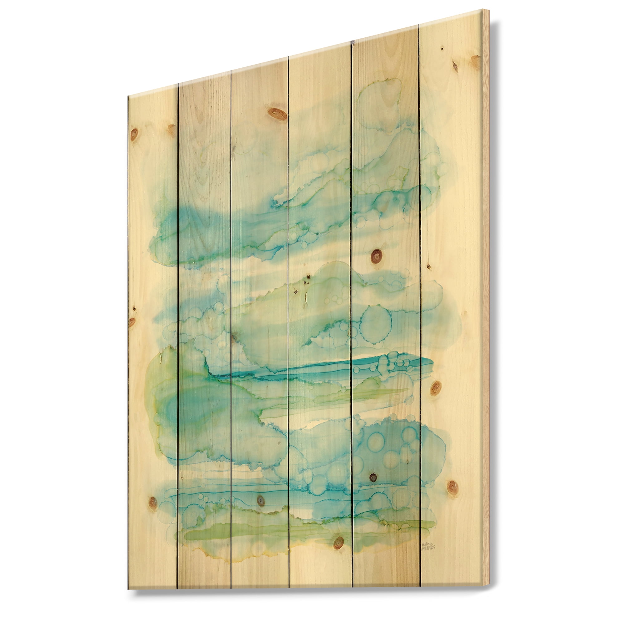 Designart 'Goache of Abstract Blue and Green' Modern Print on Natural Pine Wood