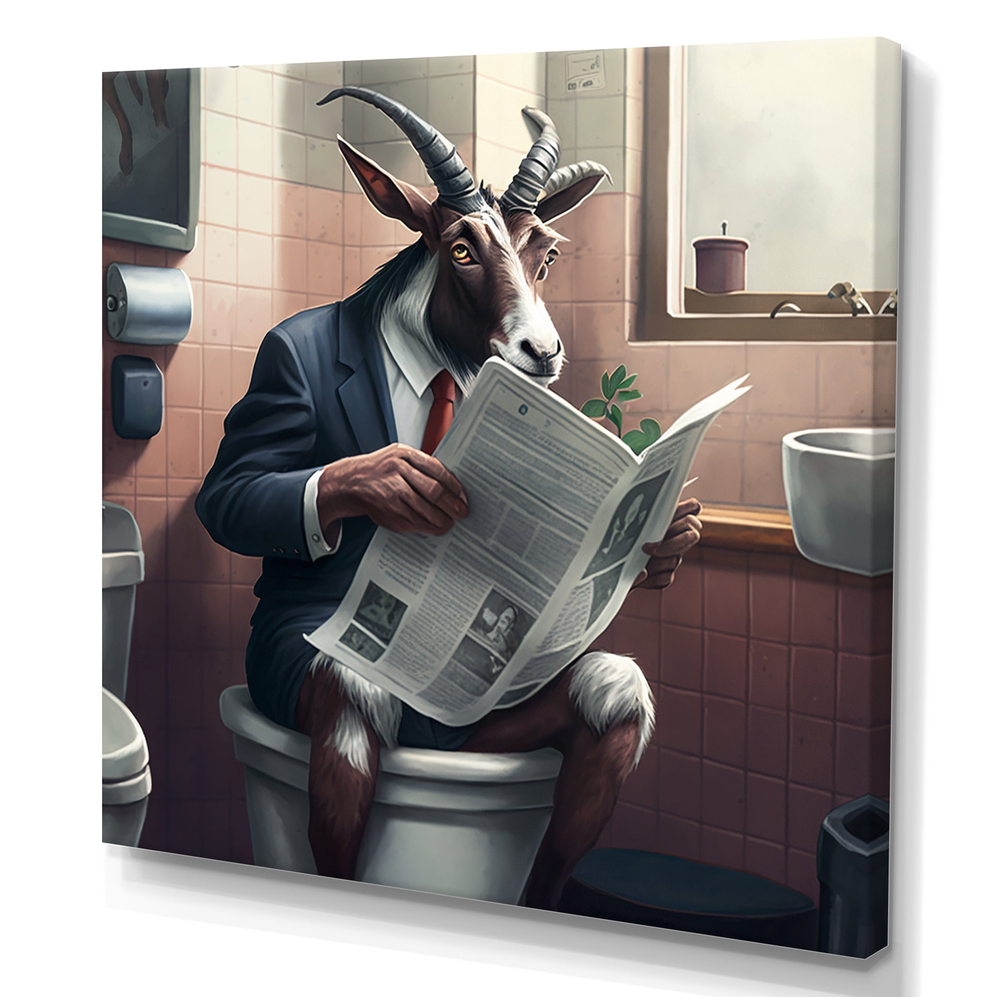 Designart Goat On Toilet Reading News Canvas Wall Art