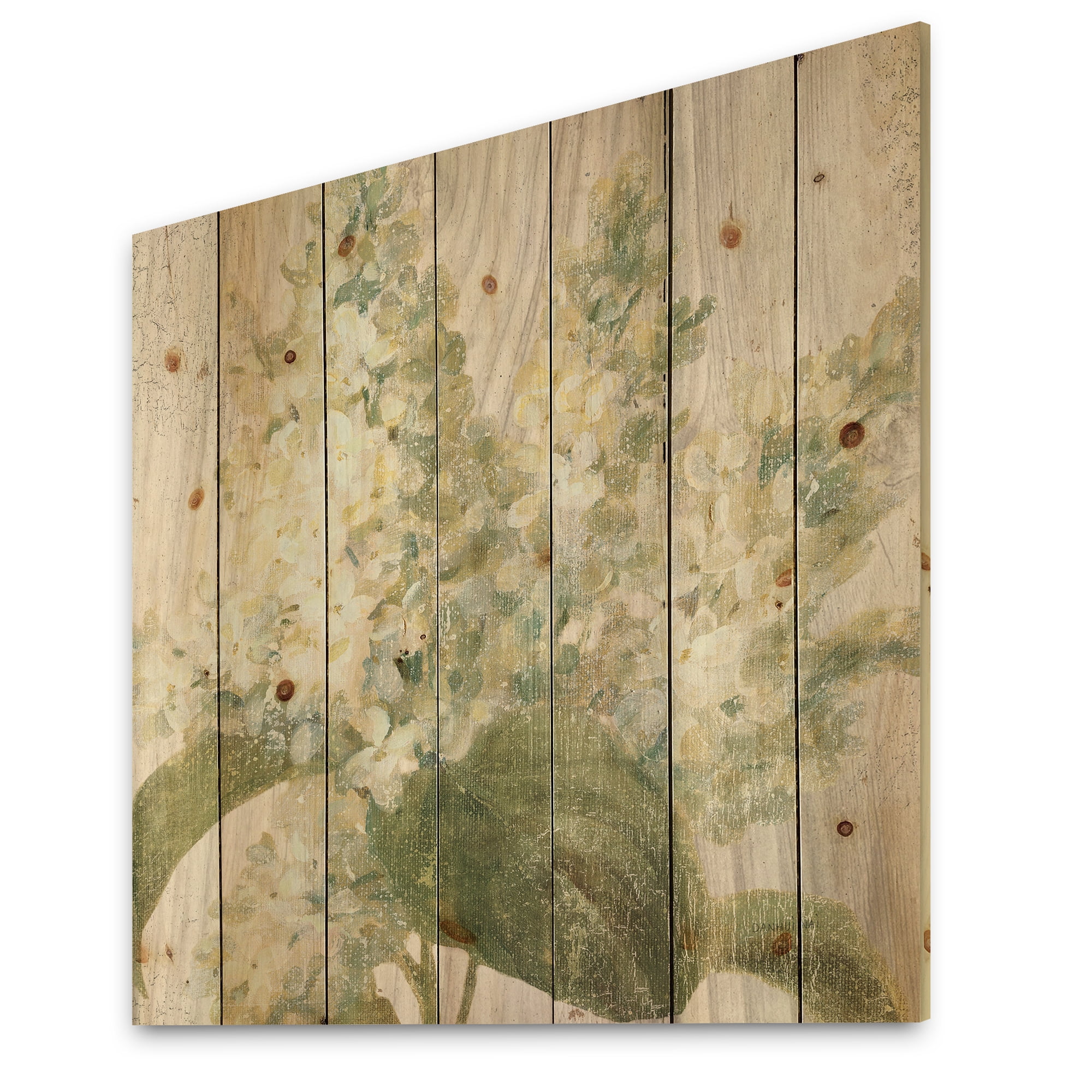 Designart 'Goauche Green Flower II' Cabin & Lodge Print on Natural Pine Wood